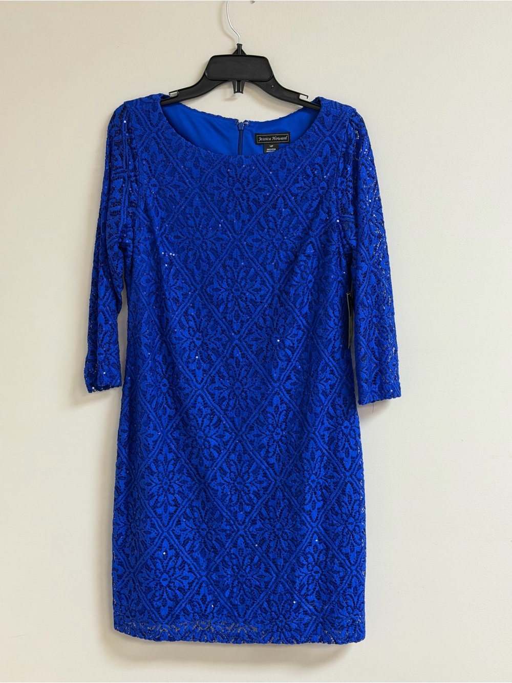 Jessica Howard Cobalt Blue Lace Shift Dress with Three-Quarter Sleeves